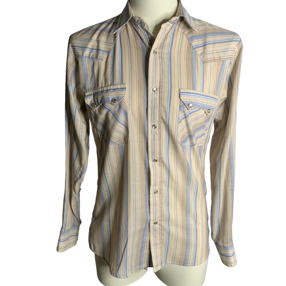 Vintage 80s Brittania Western Pearl Snap Shirt M Tan Stripe Pockets Saw Tooth